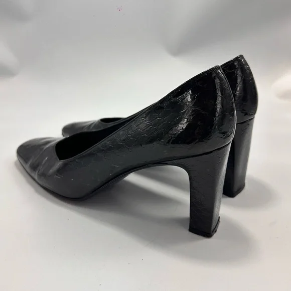 Stuart Weitzman black square toe croc embossed chunky heel pumps size 9 - Picture 4 of 10